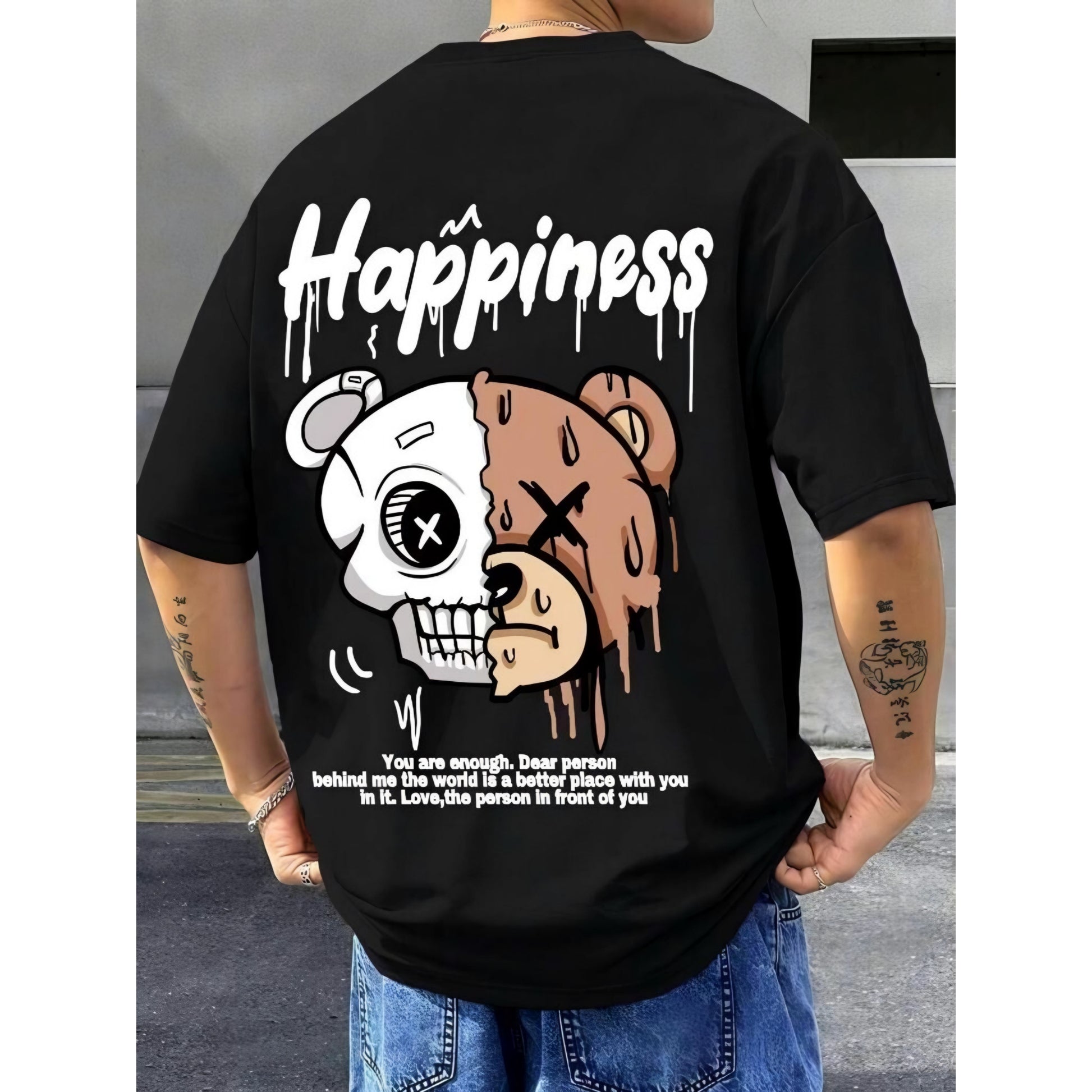 Happiness Half Skull Half Bear Graphic Tee – Inspirational Streetwear T-Shirt