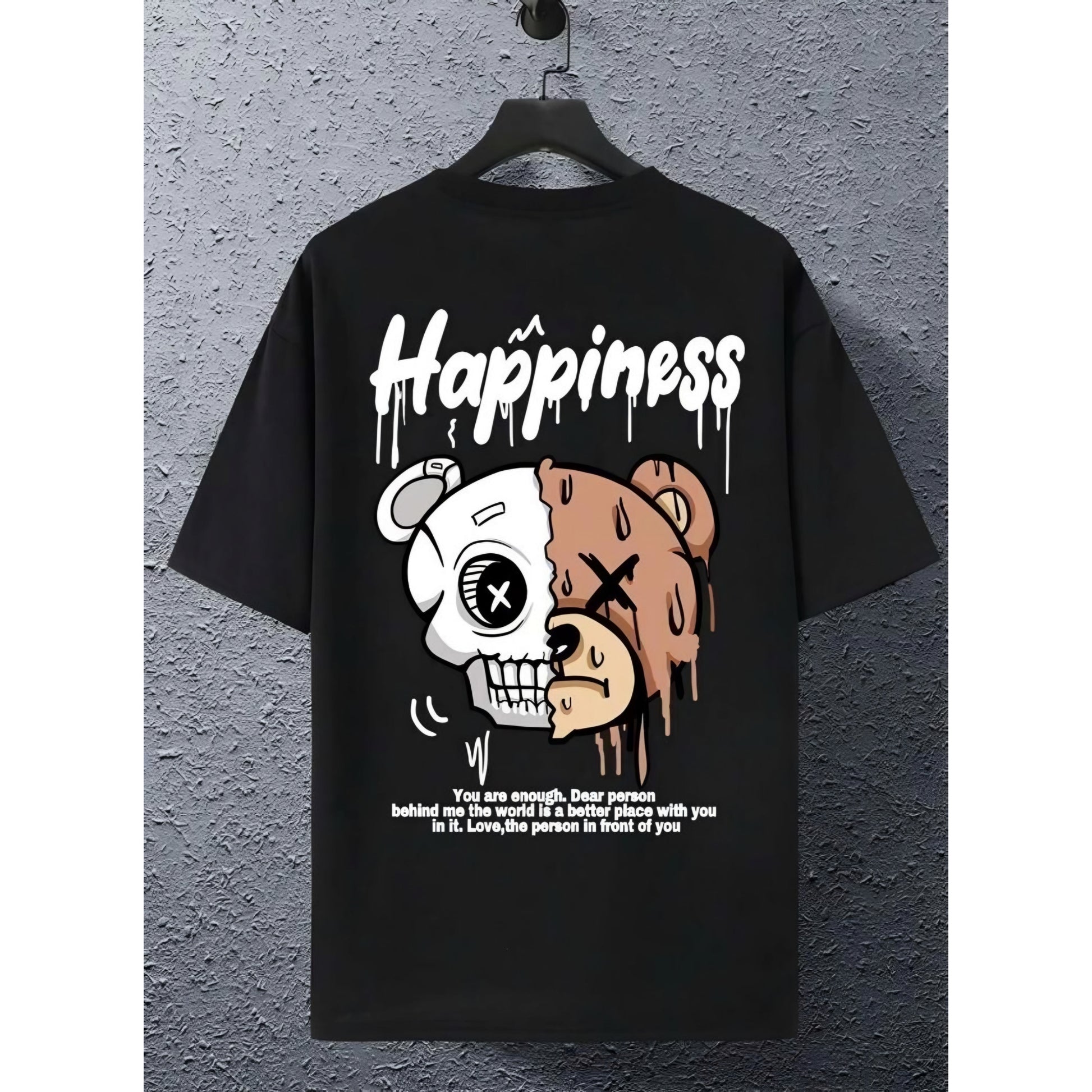 Happiness Half Skull Half Bear Graphic Tee – Inspirational Streetwear T-Shirt