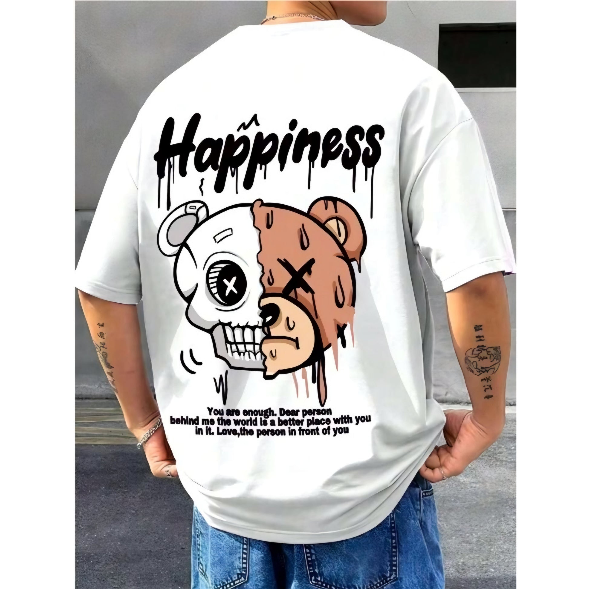 Happiness Half Skull Half Bear Graphic Tee – Inspirational Streetwear T-Shirt